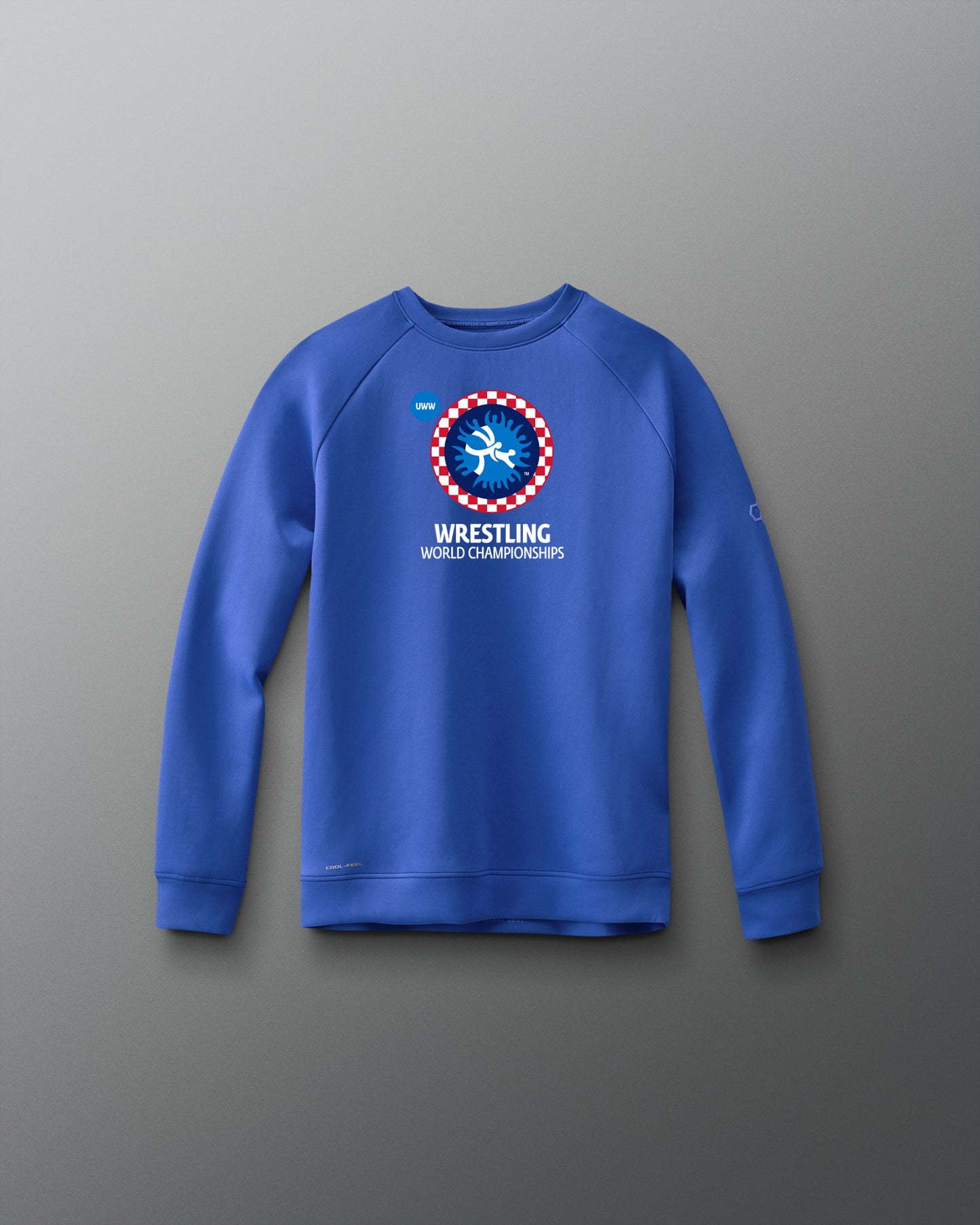 Blue sweatshirt with wrestling world championships graphic and text on a gradient background. United World Wrestling, Zagreb