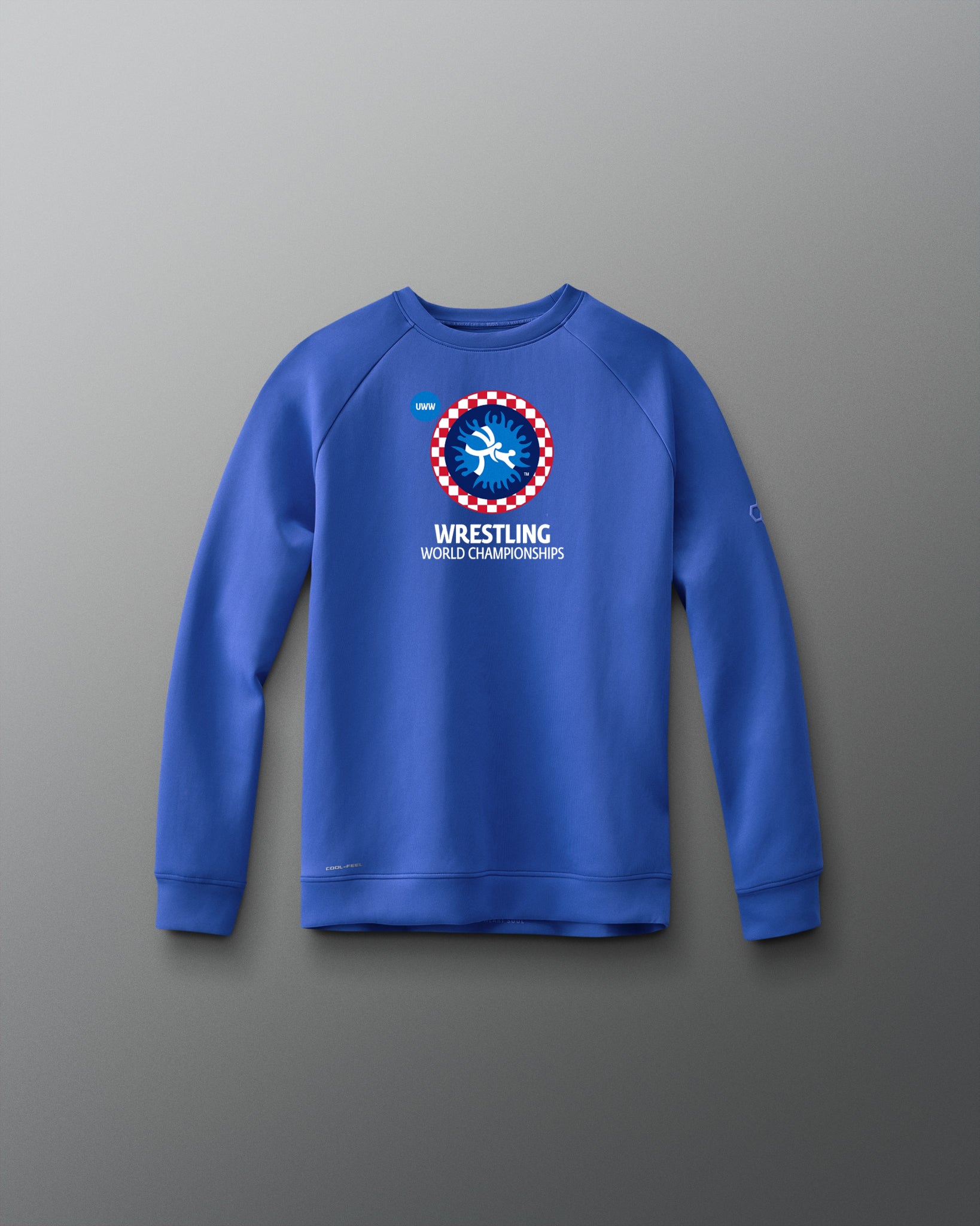 Blue sweatshirt with wrestling world championships graphic and text on a gradient background. United World Wrestling, Zagreb