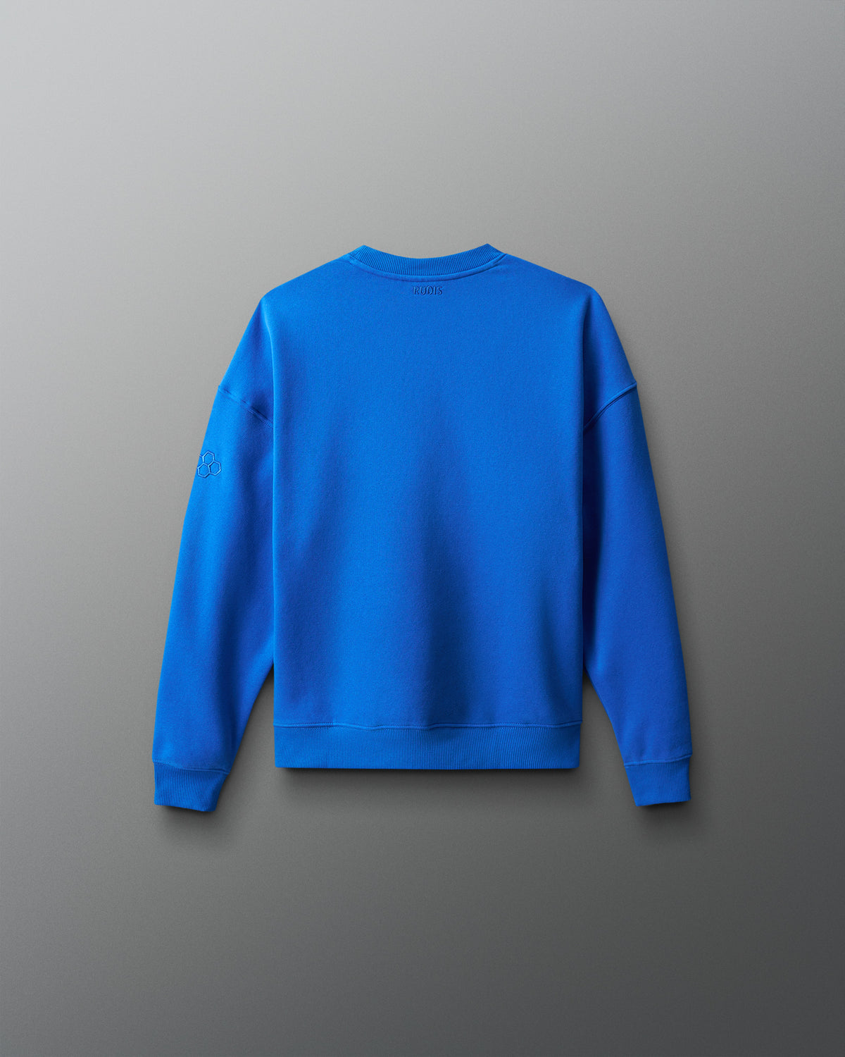 Back view of the youth royal blue RUDIS UWW Globe Relaxed Comfort Fleece Crewneck, featuring a clean tonal finish with subtle RUDIS branding below the back neckline and a tonal RUDIS mark on the sleeve.
