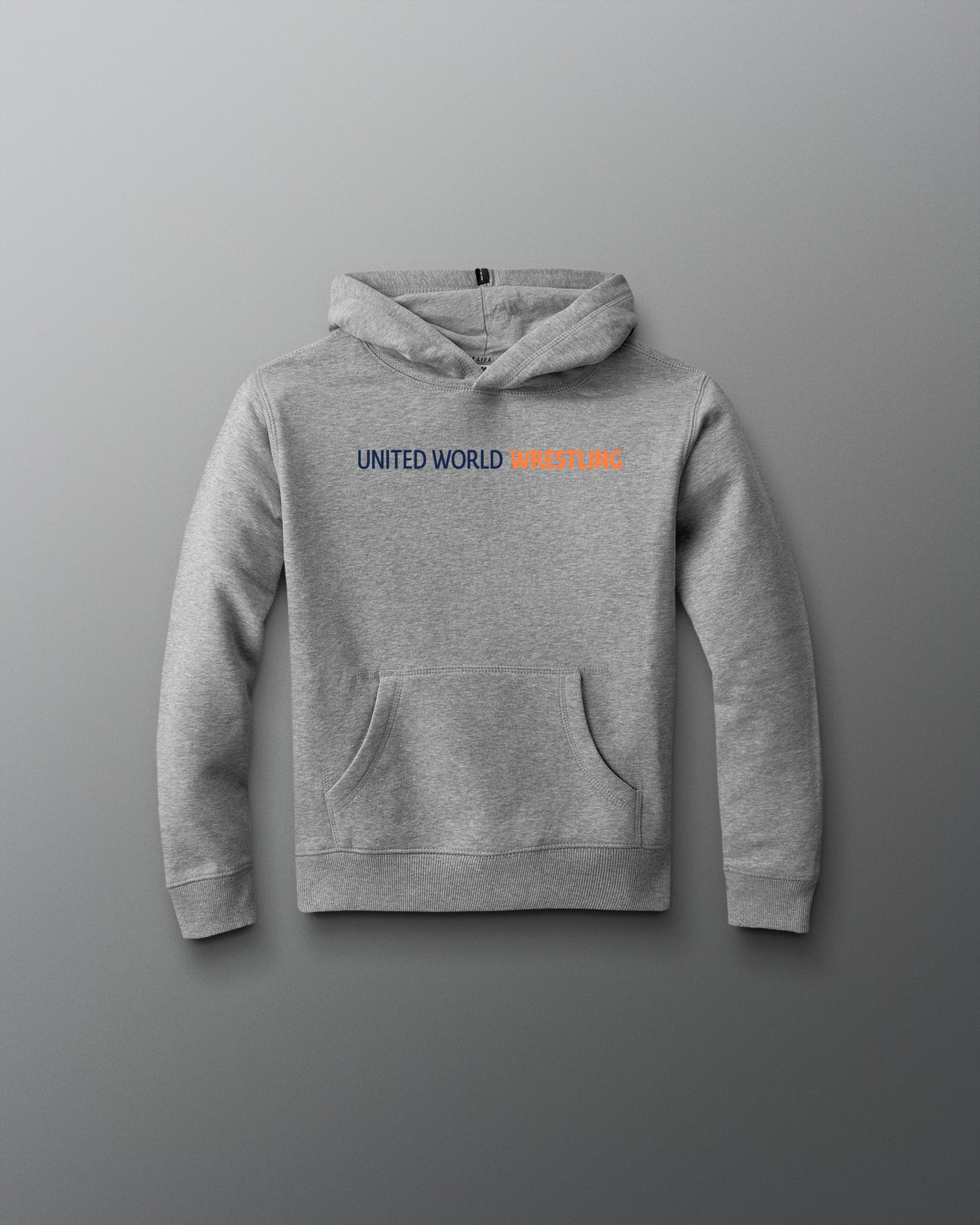 Gray hoodie with 'UNITED WORLD MICHIGAN' text on a gray background