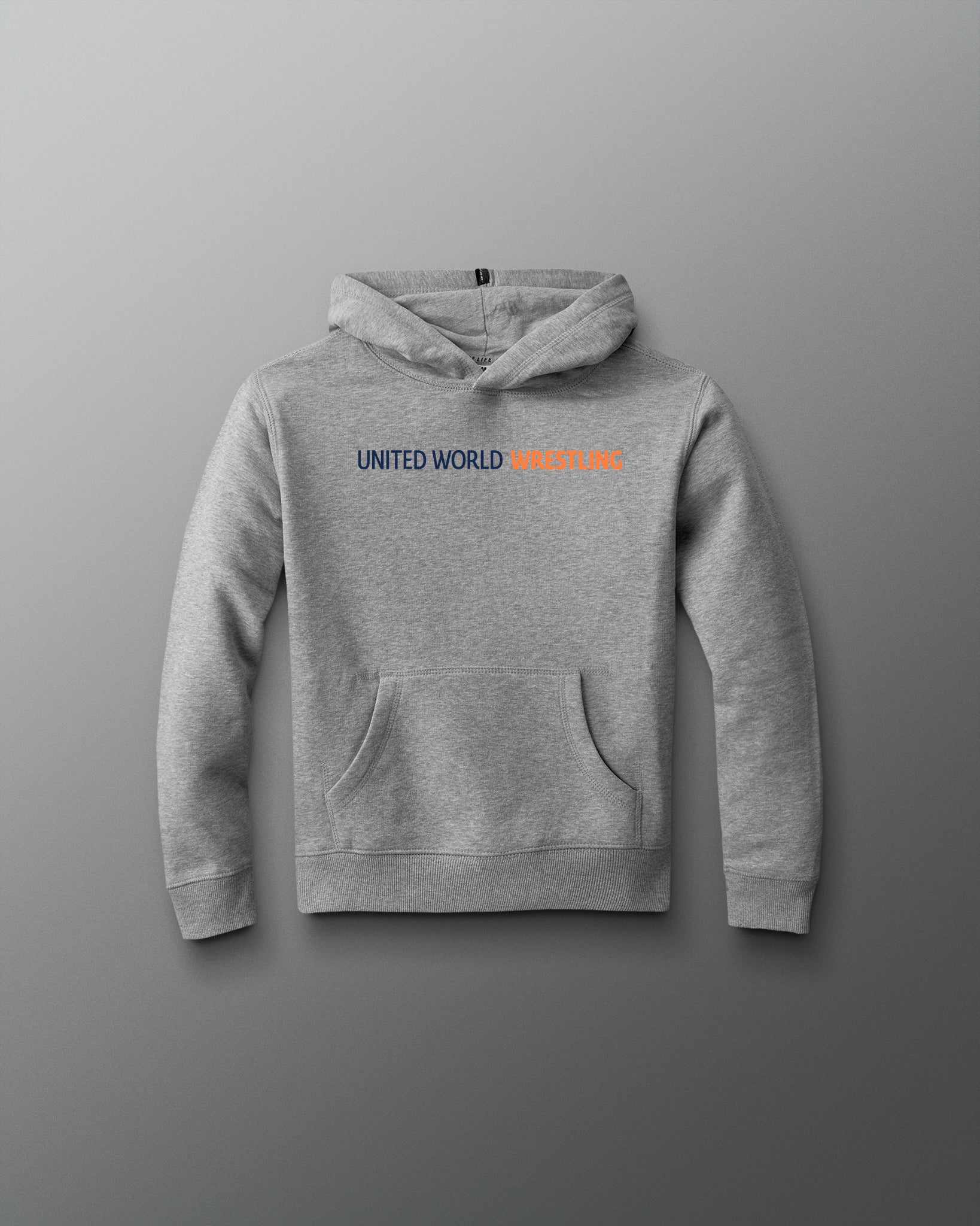Gray hoodie with 'UNITED WORLD MICHIGAN' text on a gray background