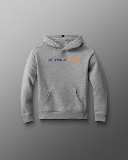 Gray hoodie with 'UNITED WORLD MICHIGAN' text on a gray background
