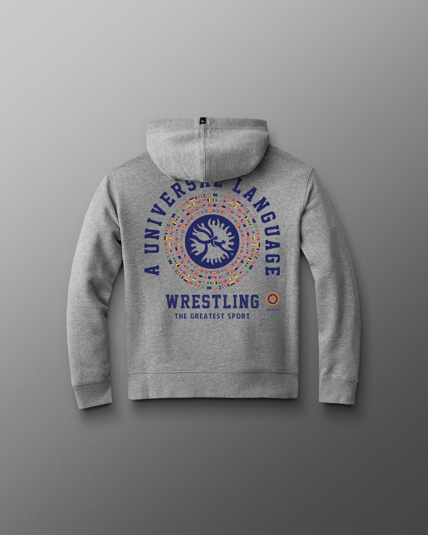 Gray hoodie with colorful graphic and text on a gray background