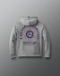 Gray hoodie with colorful graphic and text on a gray background