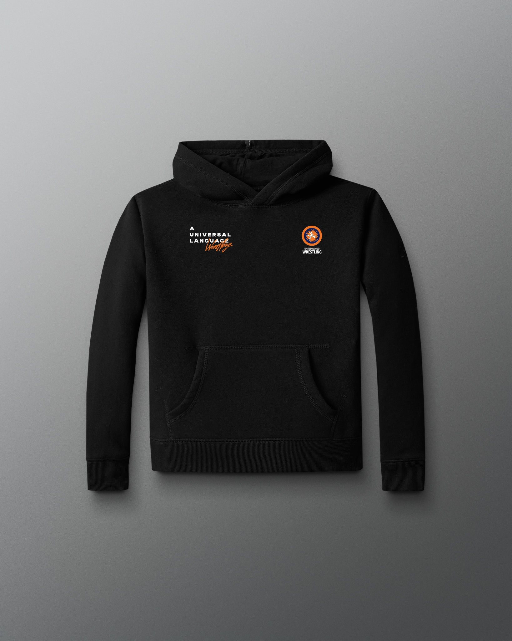 Black hoodie with logos on a gray background