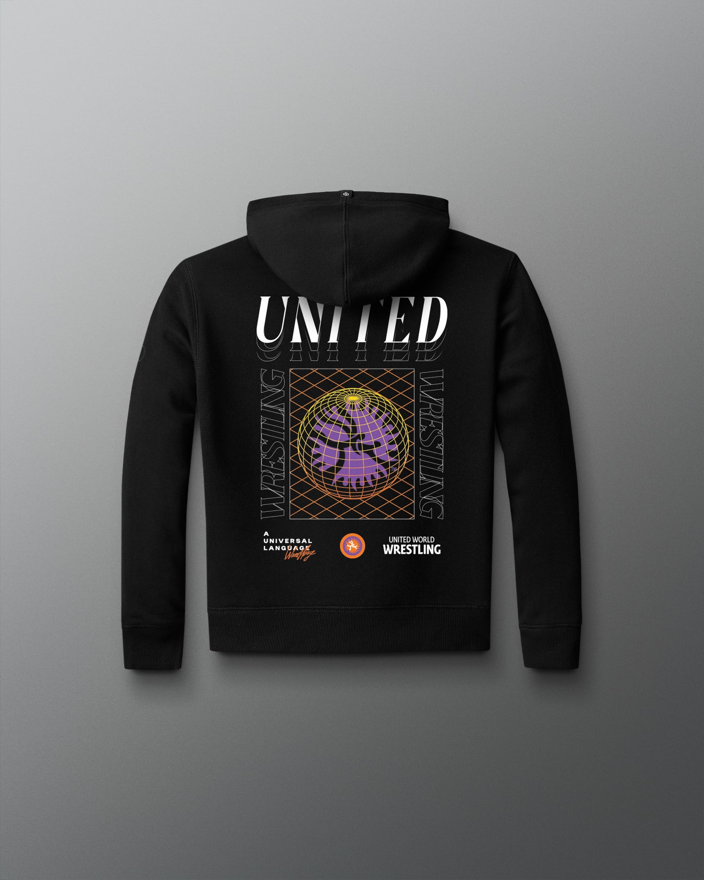 Black hoodie with 'UNITED WRESTLING' logo on the back against a gray background