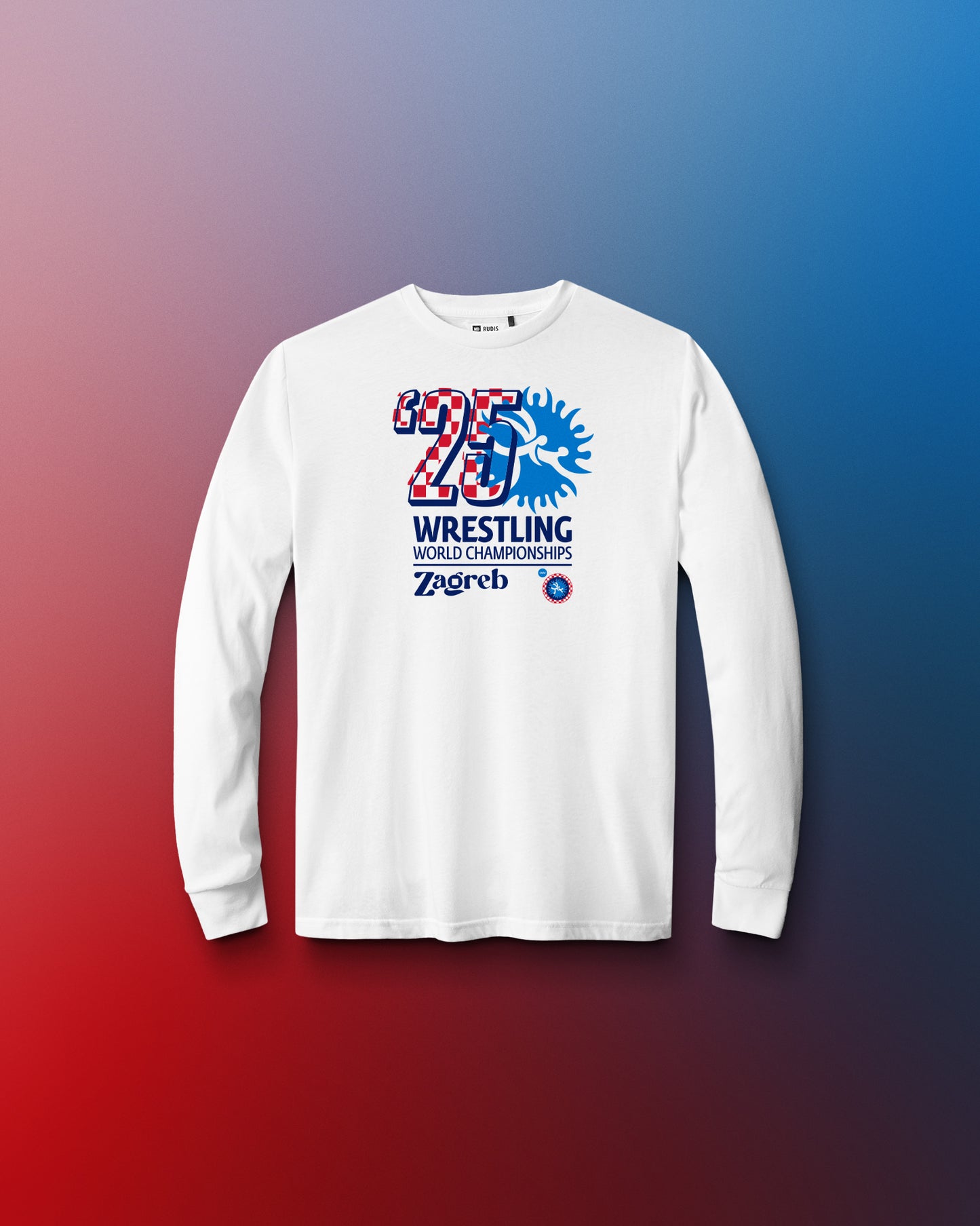 White long-sleeve shirt with wrestling world championships graphic on a gradient background. Zagreb, United World Wrestling
