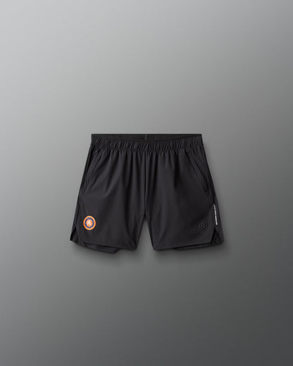 Black athletic shorts with a United World Wrestling logo on a gray background