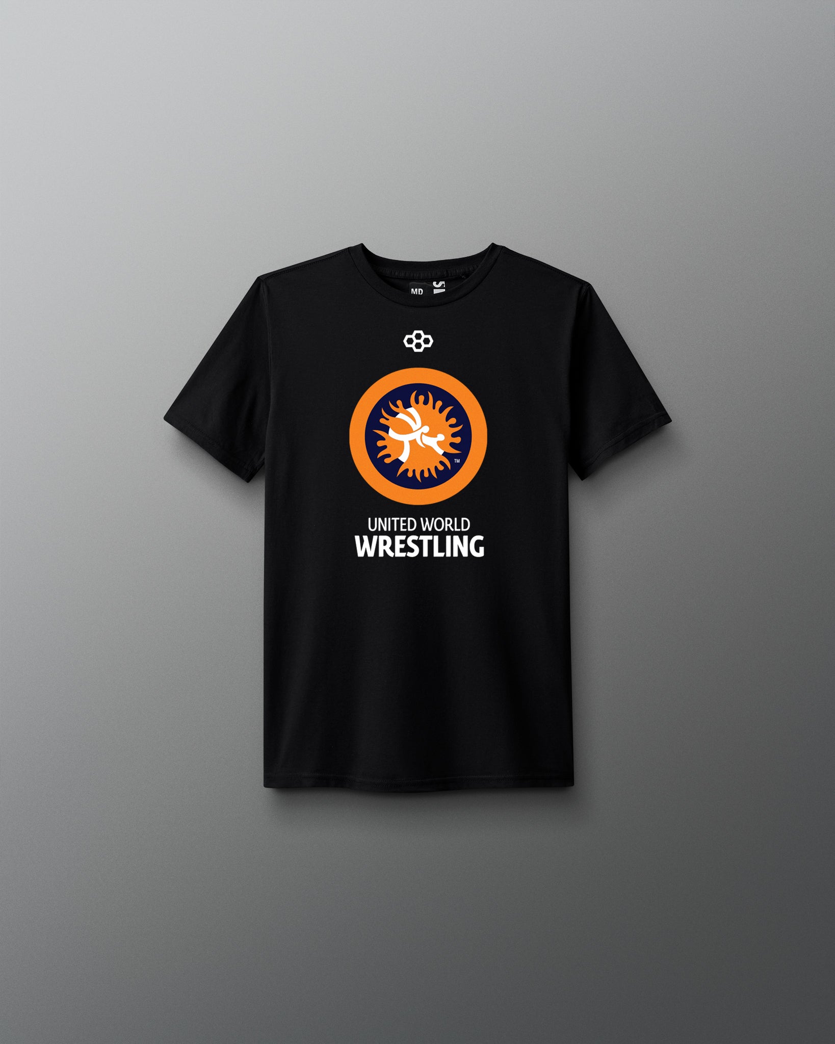 Black t-shirt with a United World Wrestling (UWW) logo and text on a gray background