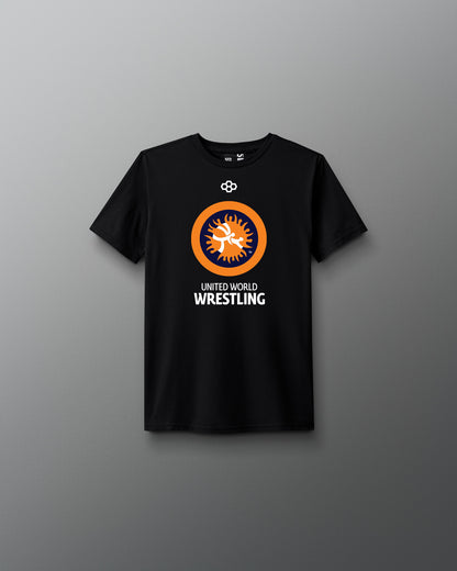 Black t-shirt with a United World Wrestling (UWW) logo and text on a gray background