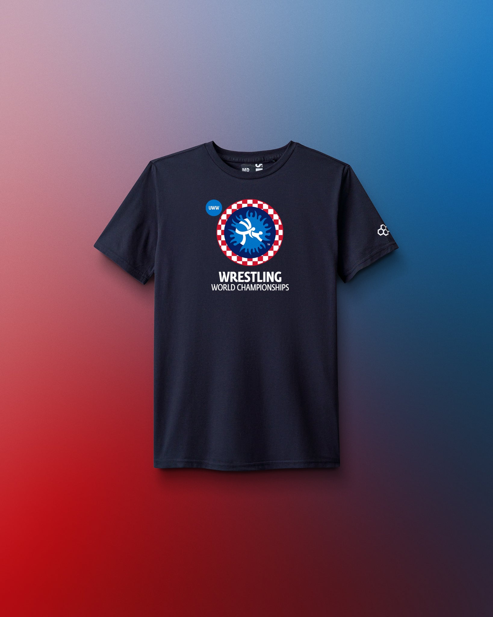 Black t-shirt with wrestling world championships logo on a gradient background. United World Wrestling, Zagreb
