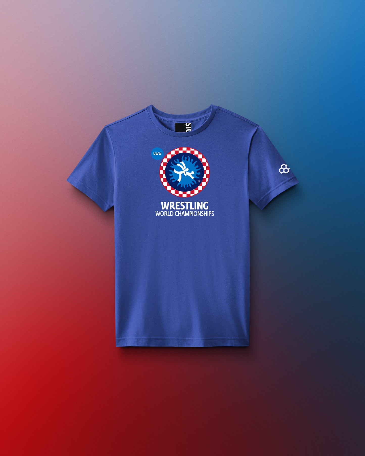 Blue t-shirt with wrestling world championships design on a gradient background. United World Wrestling, Zagreb