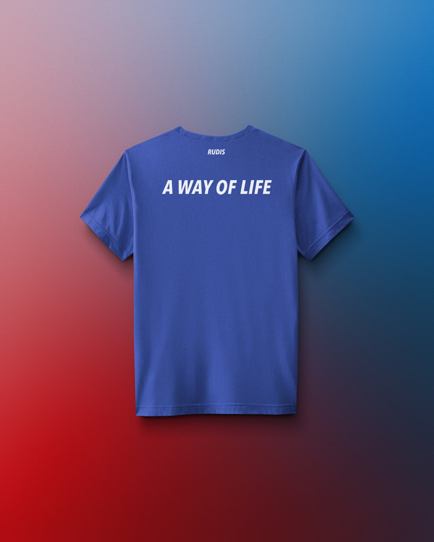 Blue t-shirt with 'A Way of Life' text on a gradient background