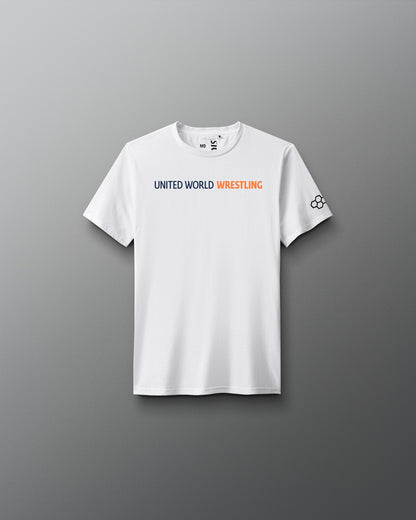 White t-shirt with 'United World Wrestling' logo on a gray background
