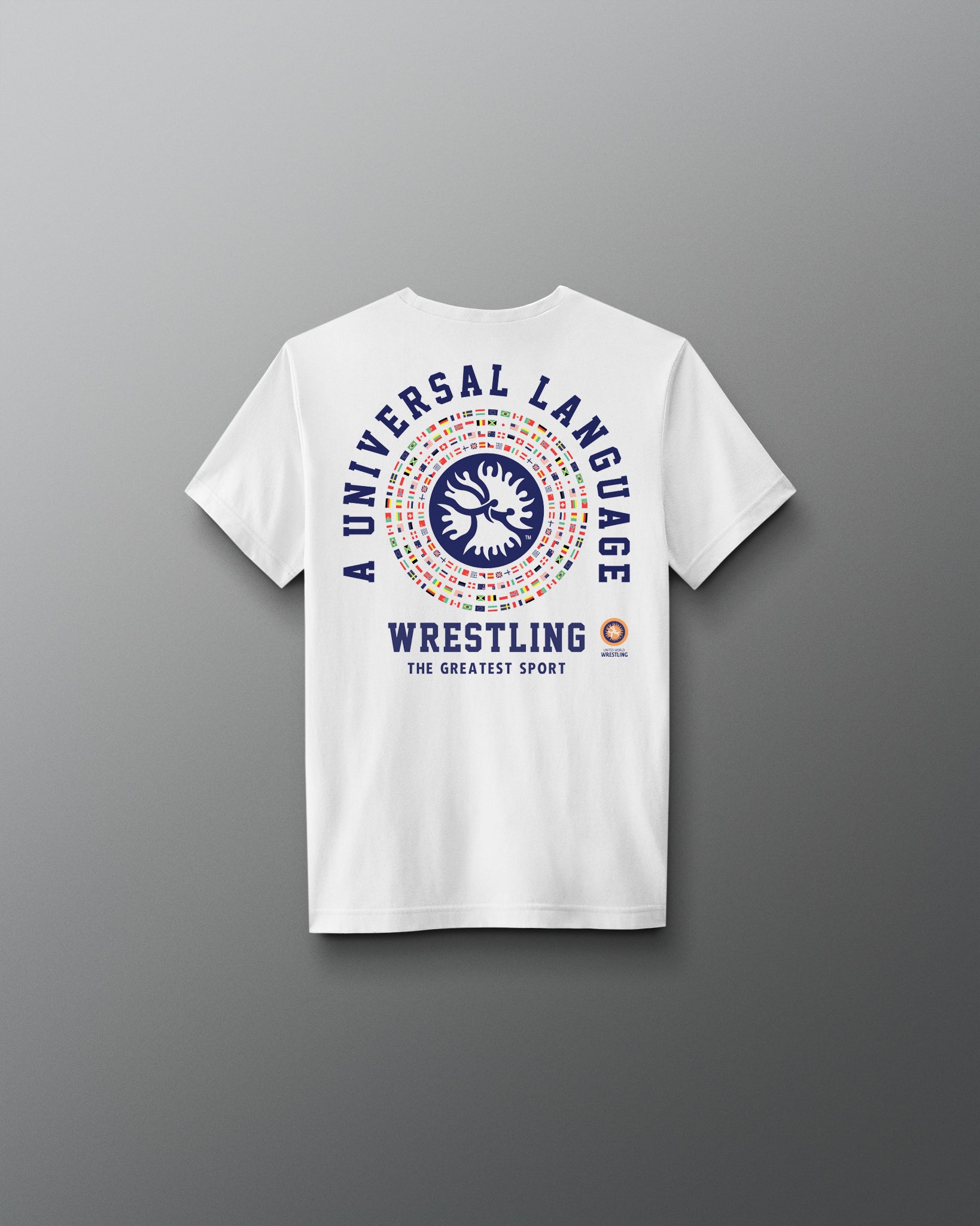 White t-shirt with colorful graphic and text on a gray background