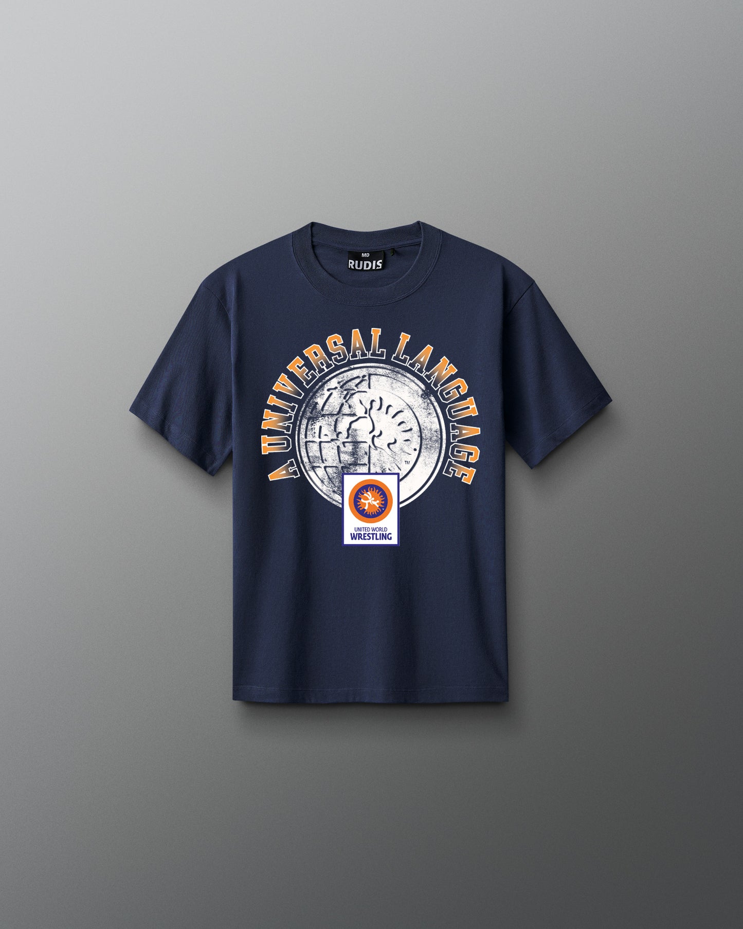 Navy blue t-shirt with graphic design on a gray background