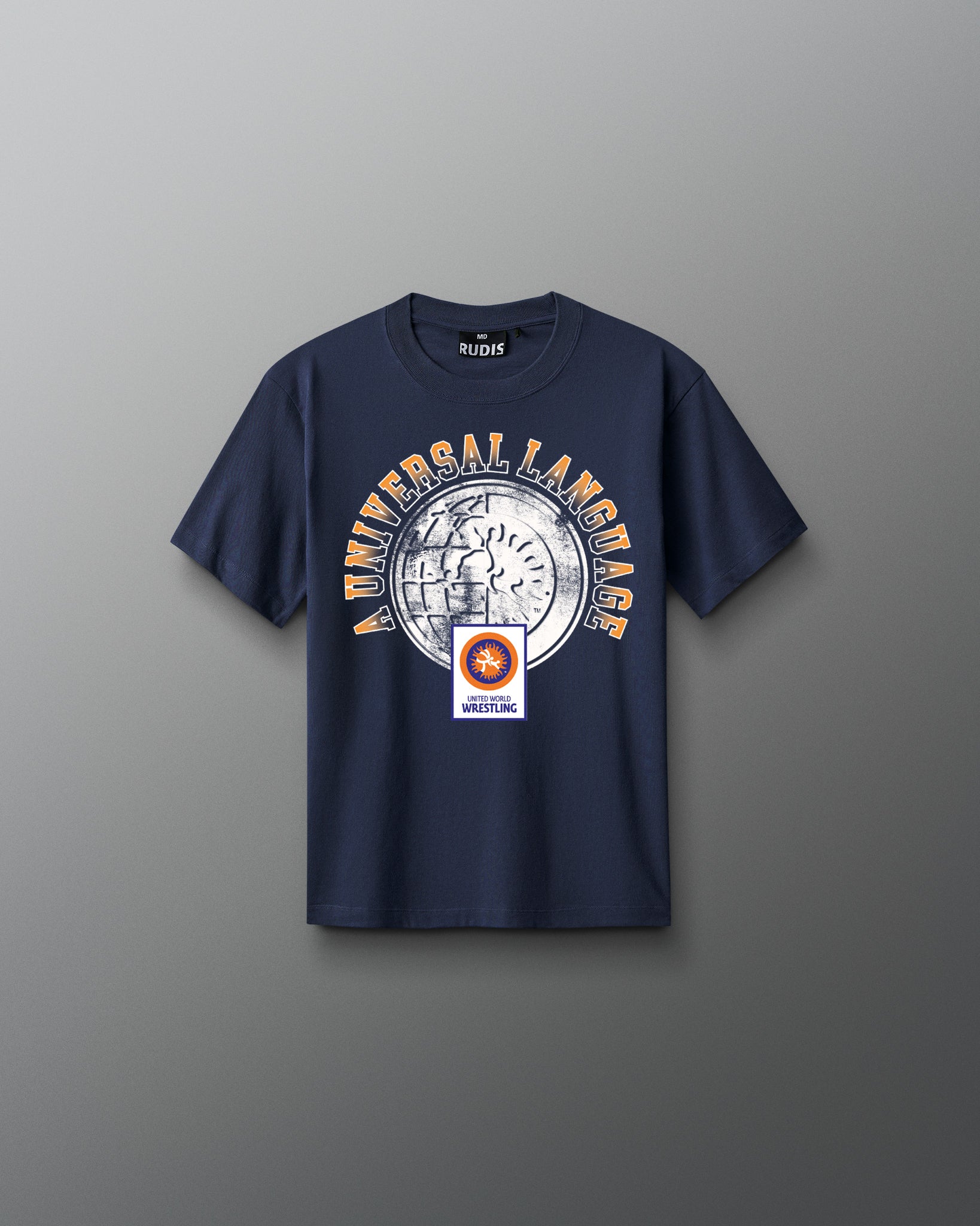 Navy blue t-shirt with graphic design on a gray background