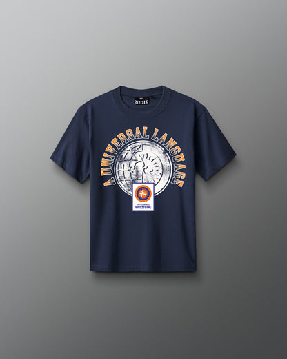 Navy blue t-shirt with graphic design on a gray background