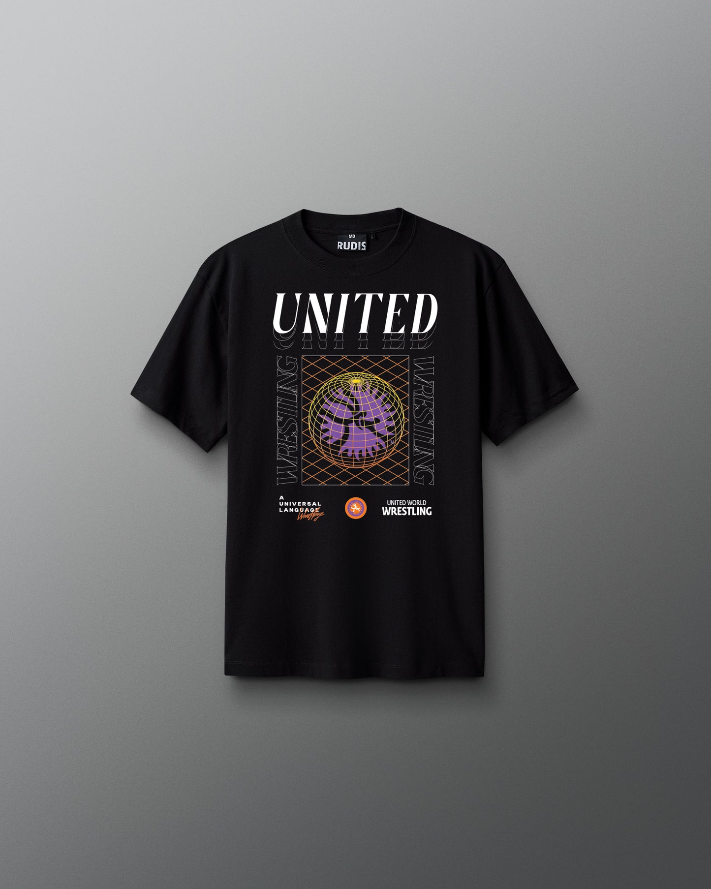 Black t-shirt with 'UNITED' design on a gray background