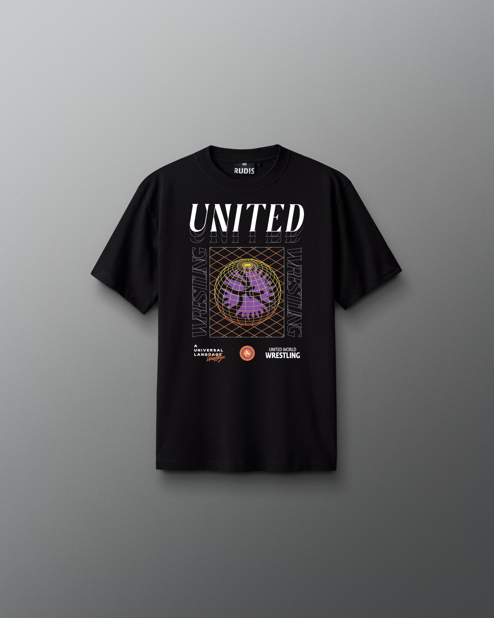 Black t-shirt with 'UNITED' design on a gray background