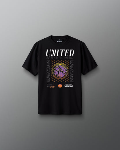 Black t-shirt with 'UNITED' design on a gray background