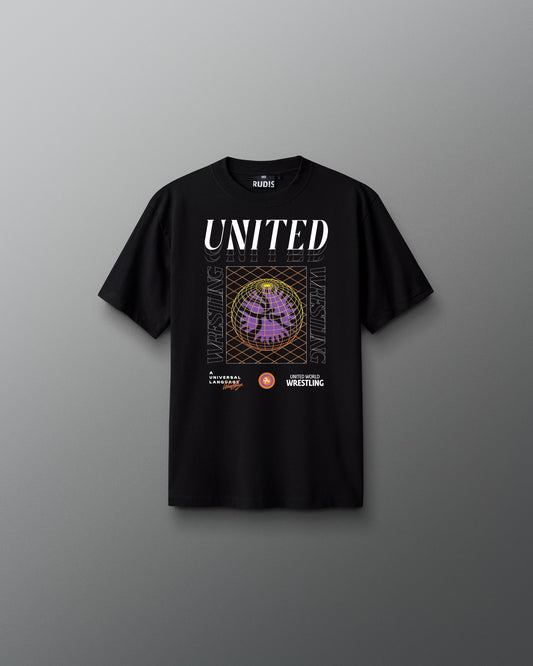 Black t-shirt with 'UNITED' design on a gray background