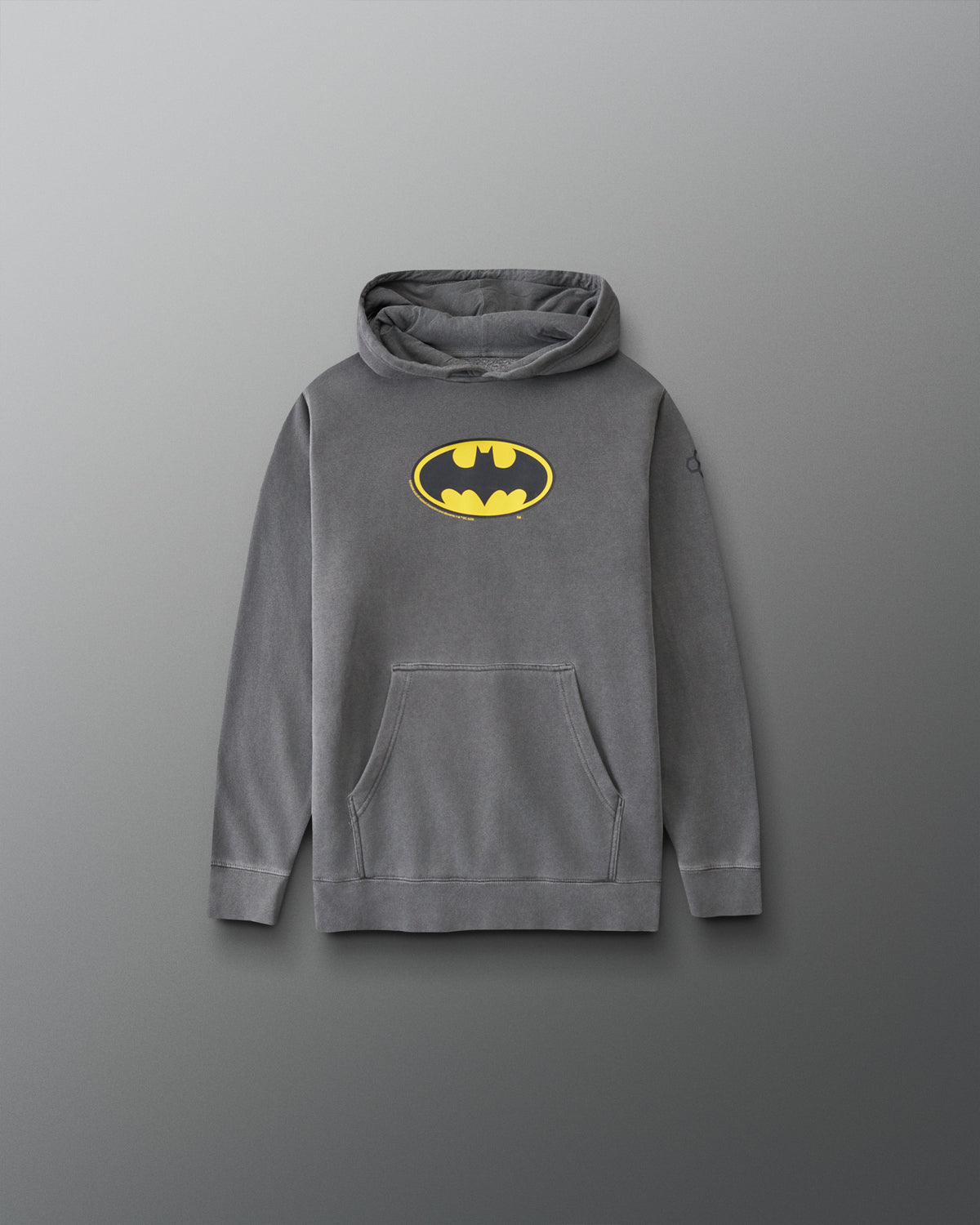 RUDIS Batman Icon Youth Washed Hoodie in washed black with yellow Batman logo and front kangaroo pocket.
