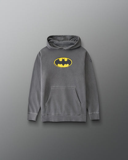 RUDIS Batman Icon Youth Washed Hoodie in washed black with yellow Batman logo and front kangaroo pocket.