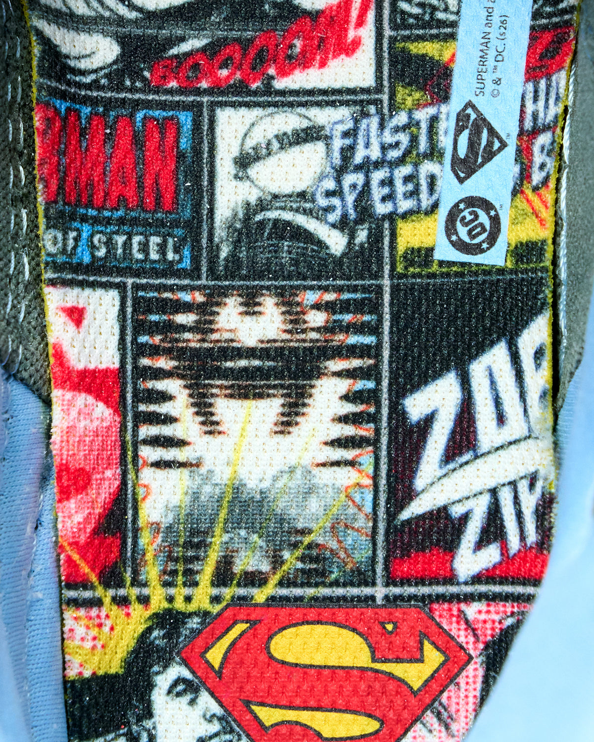 Interior detail of RUDIS JB1 Superman wrestling shoe featuring a Superman comic-inspired graphic footbed.