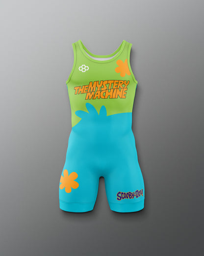RUDIS Scooby-Doo Mystery Machine Youth Elite 2.0 wrestling singlet front view featuring lime green and turquoise colors, orange flower graphics, and Mystery Machine and Scooby-Doo logos.