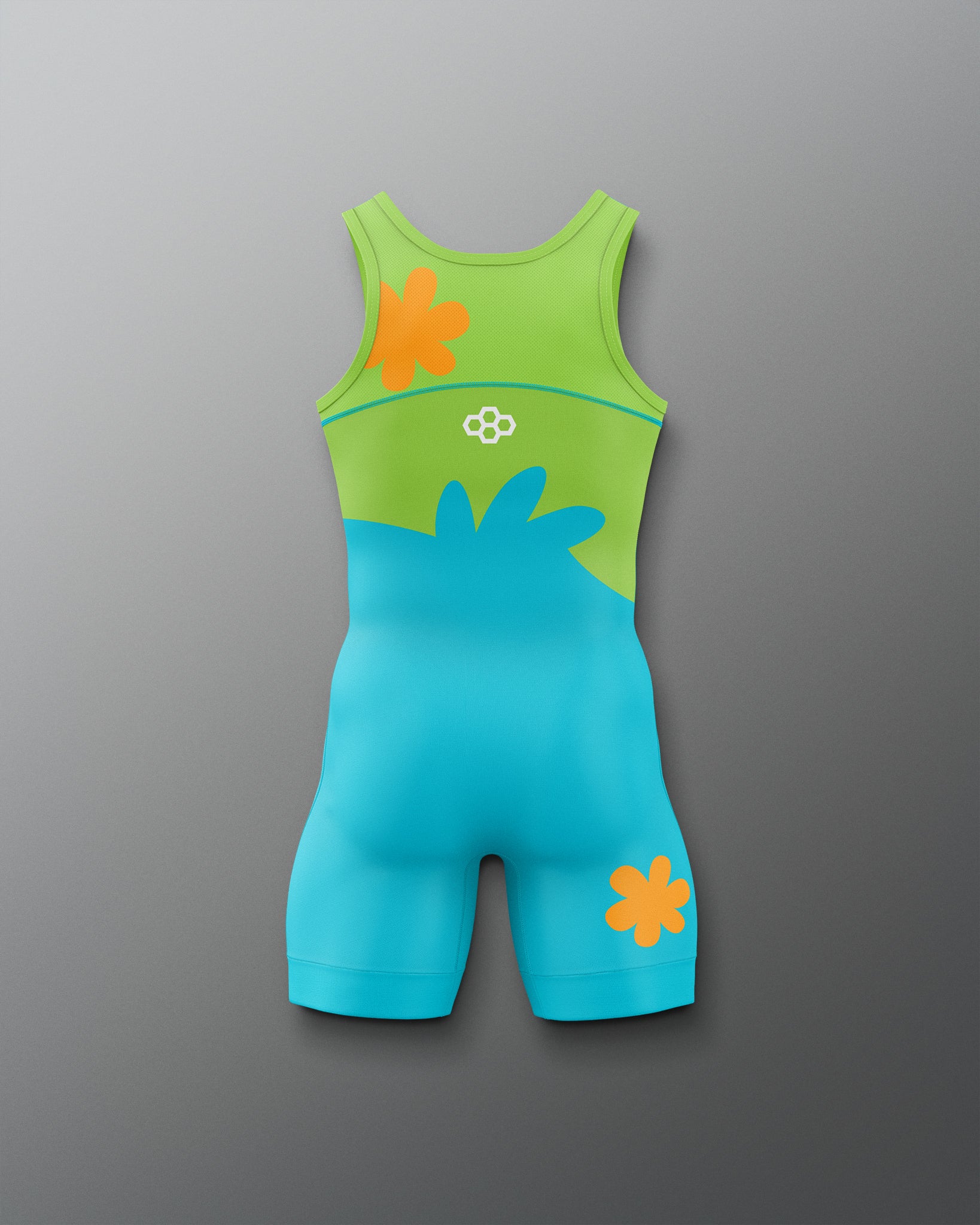 Back view of RUDIS Scooby-Doo Mystery Machine Youth Elite 2.0 wrestling singlet featuring a lime green and turquoise design, orange flower graphics, and white RUDIS logos.
