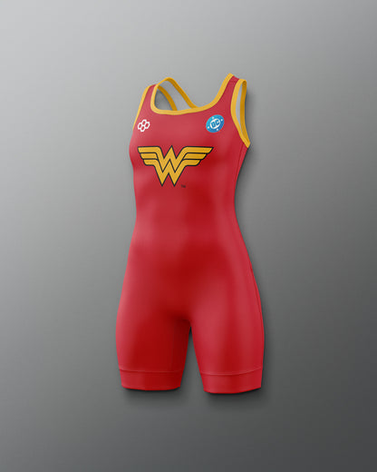 RUDIS Wonder Woman Logo Girls' Elite 2.0 Wrestling Singlet in red with yellow trim, iconic gold Wonder Woman chest emblem, DC Comics logo and fitted athletic silhouette.
