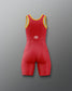 Back view of RUDIS Wonder Woman Logo Girls' Elite 2.0 Wrestling Singlet in red, featuring yellow neckline and armhole trim, white RUDIS emblem and contoured back seams.