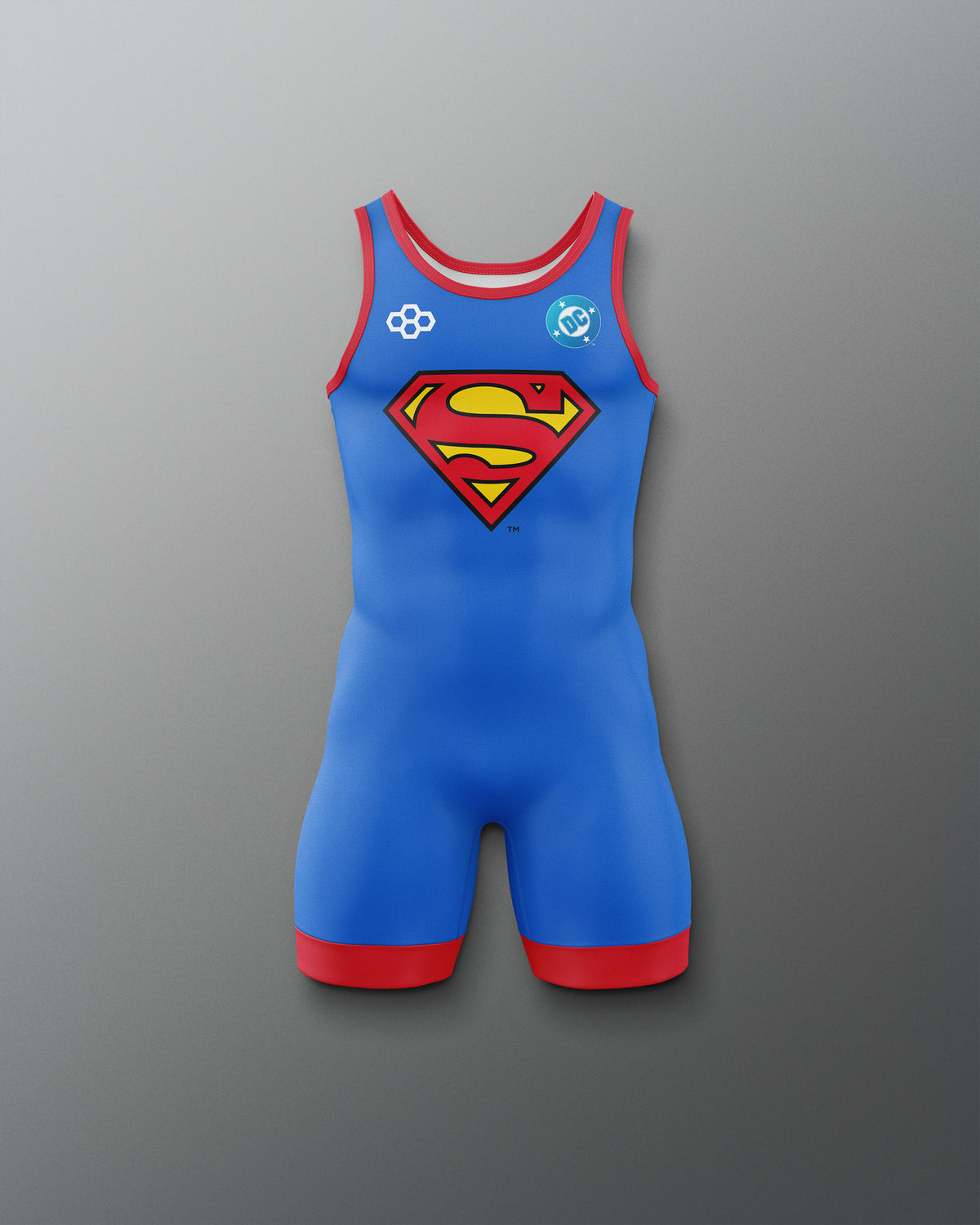 Front view of RUDIS Superman Logo Youth Elite 2.0 Wrestling Singlet in blue with red trim and classic Superman shield graphic.