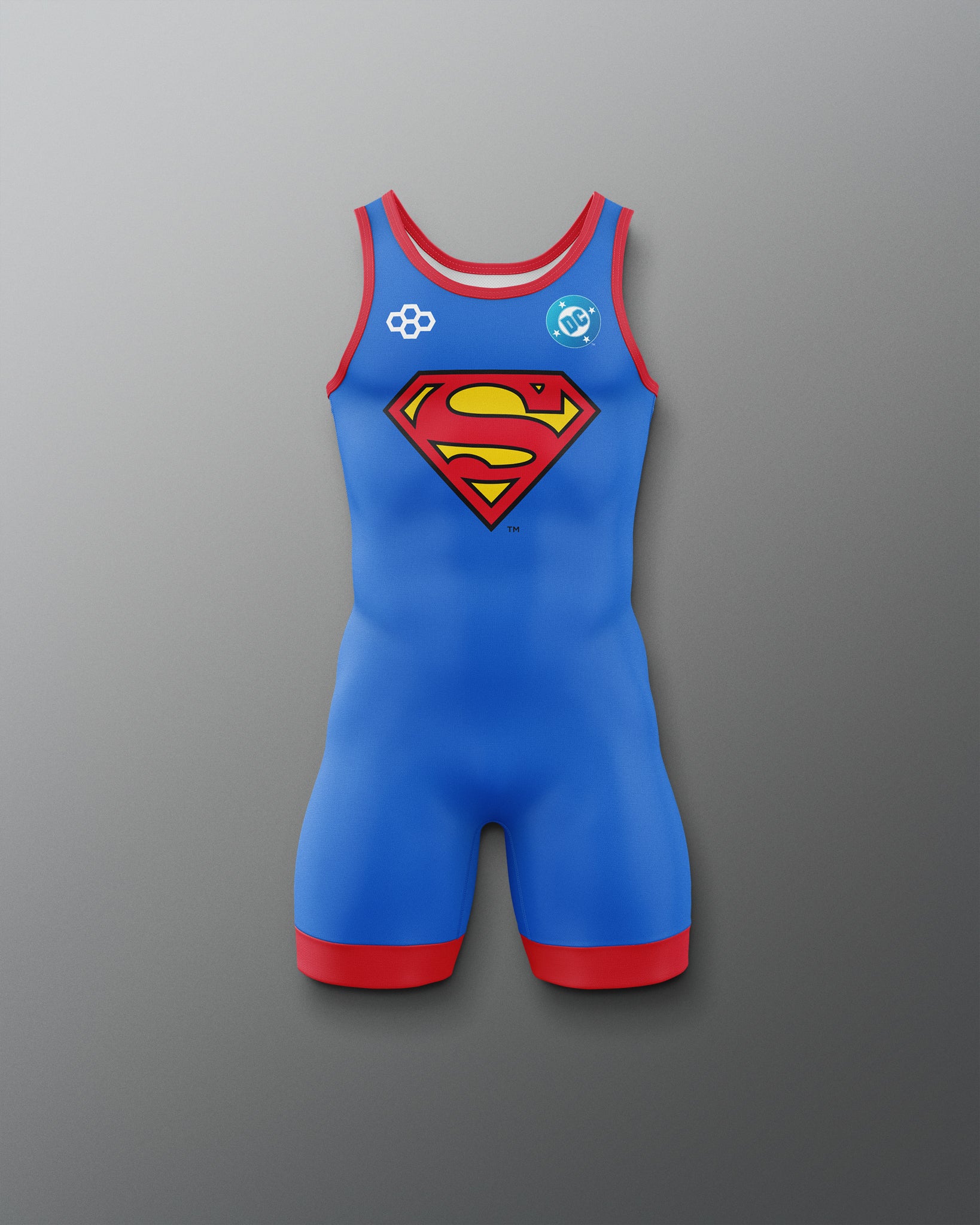 Front view of RUDIS Superman Logo Youth Elite 2.0 Wrestling Singlet in blue with red trim and classic Superman shield graphic.