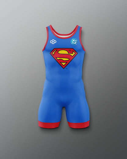 Front view of RUDIS Superman Logo Youth Elite 2.0 Wrestling Singlet in blue with red trim and classic Superman shield graphic.