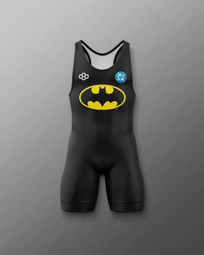 Front view of the black RUDIS Batman Logo Youth Elite 2.0 wrestling singlet featuring the yellow Batman logo, DC emblem, and RUDIS mark.