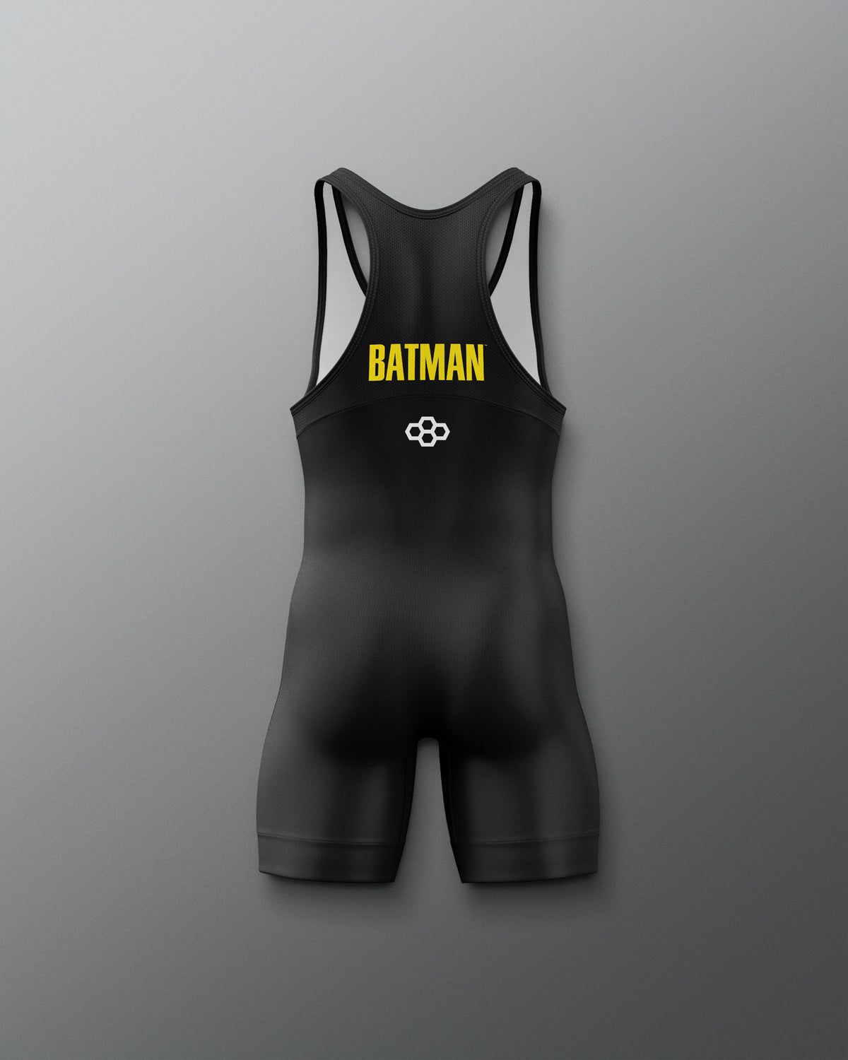 Back view of the black RUDIS Batman Logo Youth Elite 2.0 wrestling singlet featuring yellow Batman lettering and a white RUDIS mark.