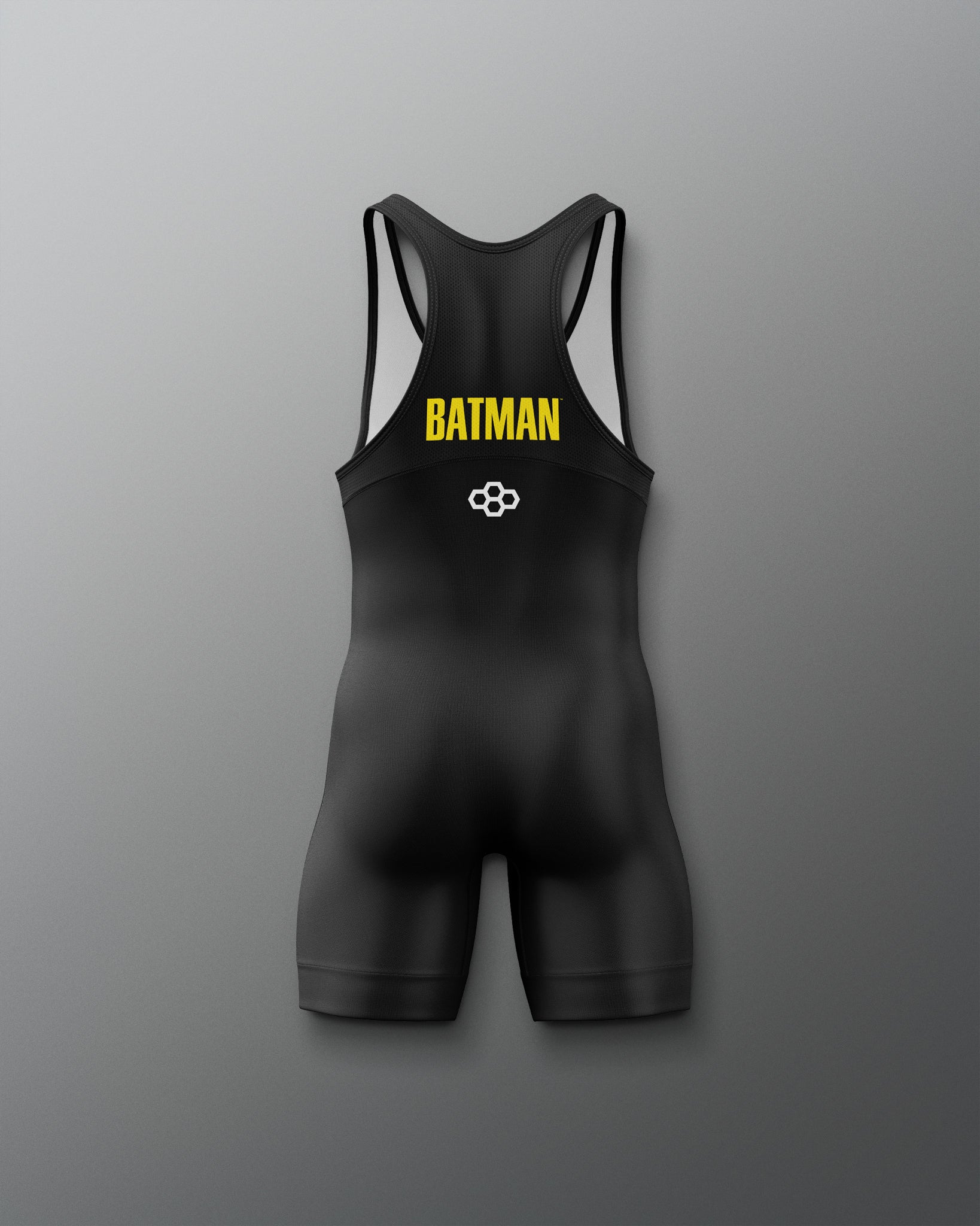 Back view of the black RUDIS Batman Logo Youth Elite 2.0 wrestling singlet featuring yellow Batman lettering and a white RUDIS mark.