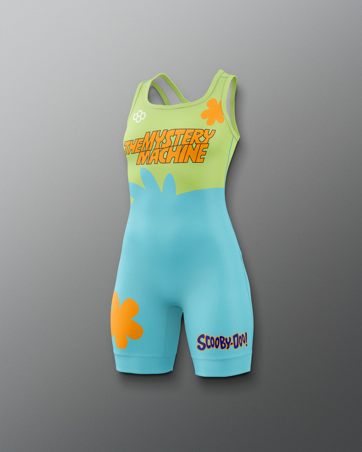 RUDIS Scooby-Doo Mystery Machine Girls' Elite 2.0 wrestling singlet, angled front view with lime green and turquoise panels, orange flowers, Mystery Machine graphic, and Scooby-Doo logo.