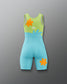 Back view of the RUDIS Scooby-Doo Mystery Machine Girls' Elite 2.0 wrestling singlet featuring a racerback design, lime green and turquoise color blocking, orange flower graphics, and white RUDIS logo.