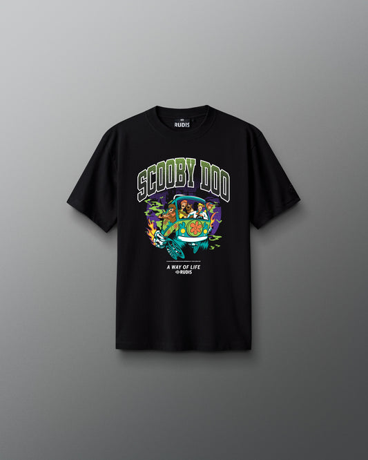 RUDIS Scooby-Doo Youth Relaxed Cotton T-Shirt in black, front view featuring bold Scooby-Doo lettering, colorful Mystery Machine character artwork, and A Way of Life branding.