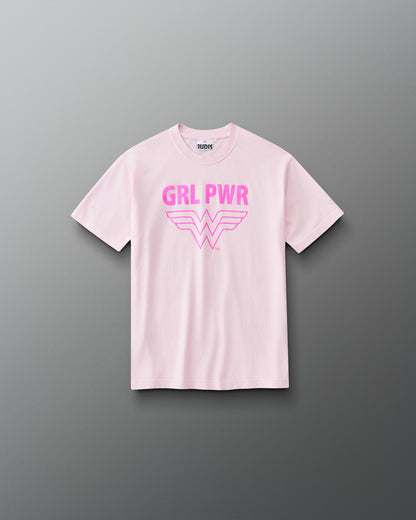 Front view of RUDIS Wonder Woman Girl Power Youth Relaxed Cotton T-Shirt in washed pink, featuring a vibrant pink GRL PWR graphic, Wonder Woman emblem, crew neckline and short sleeves.
