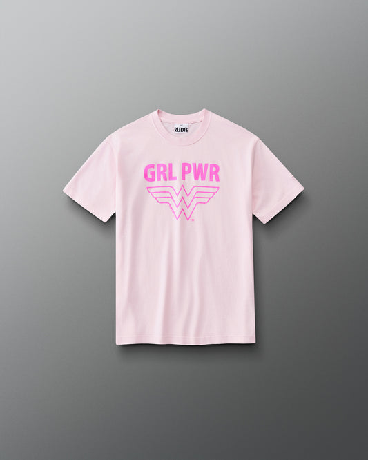 Front view of RUDIS Wonder Woman Girl Power Youth Relaxed Cotton T-Shirt in washed pink, featuring a vibrant pink GRL PWR graphic, Wonder Woman emblem, crew neckline and short sleeves.