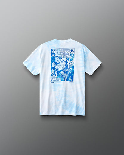 Back of RUDIS Superman Comic Youth Classic Cotton T-Shirt in blue tie-dye featuring a vintage Action Comics Superman graphic.