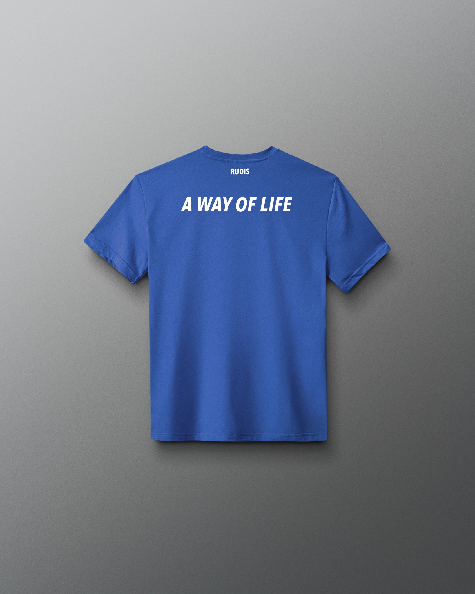 Back of RUDIS Superman Icon Youth Elite Supersoft T-Shirt in royal blue featuring white RUDIS branding and “A Way of Life” graphic.
