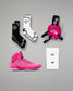 Pink wrestling shoes, socks, and headgear with a logo on a gray background