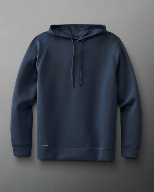 A dark blue hoodie with a minimalist design, featuring purple drawstrings and smooth fabric, suitable for casual wear.