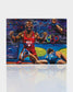 A vibrant painting depicting a victorious USA wrestler celebrating after a match showcasing intense emotions and Olympic symbols in the background