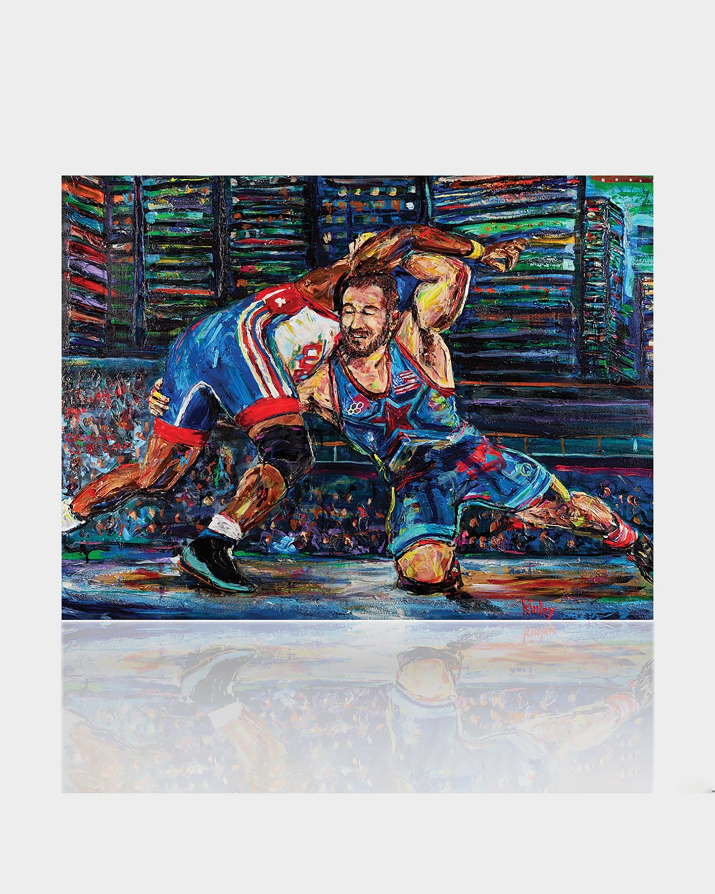 An expressive painting depicting two wrestlers in a dynamic match showcasing vibrant colors and intense action